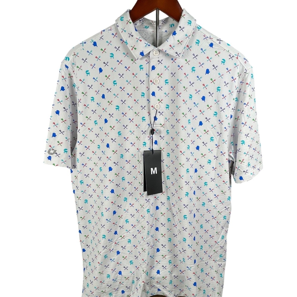 IBKUL Mens Grillin‎ Golf Polo Shirt White BBQ Print Cooling UPF 50+ New M